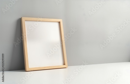 Tilted wooden picture frame with blank white interior against light gray background. Minimalist design. Suitable for home decor interior design concepts. Versatile object for displaying artwork photo