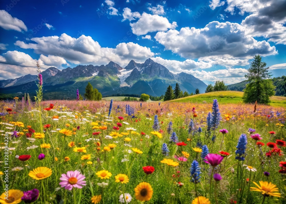 Fototapeta premium Panoramic Meadow with Abundant Wiesenraute, Blooming Wildflowers, Sunny Day
