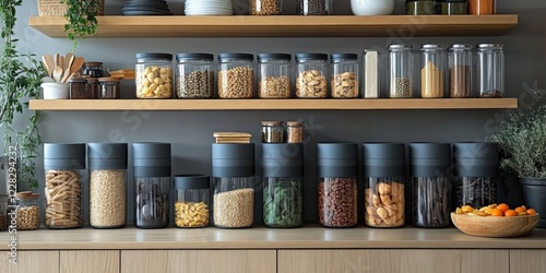 Organizing dry food storage in a modern kitchen clear airtight containers minimalist design indoor setting home photo