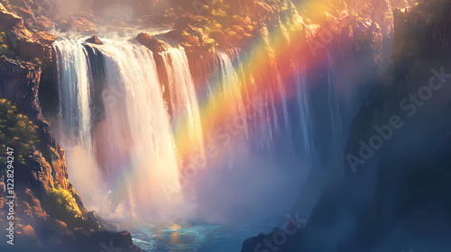 Majestic waterfall curtain cascading over rocky ledge sunlight igniting vibrant rainbow mist in a breathtaking display of nature s beauty and power. Rainbow Ridge. Illustration photo