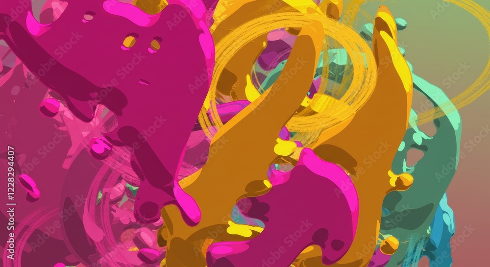 Fototapeta premium Abstract Whirlwind of Color: A vibrant, dynamic artwork featuring swirling, intertwined forms in shades of fuchsia, gold, and teal. The piece evokes a sense of motion, energy, and creativity.