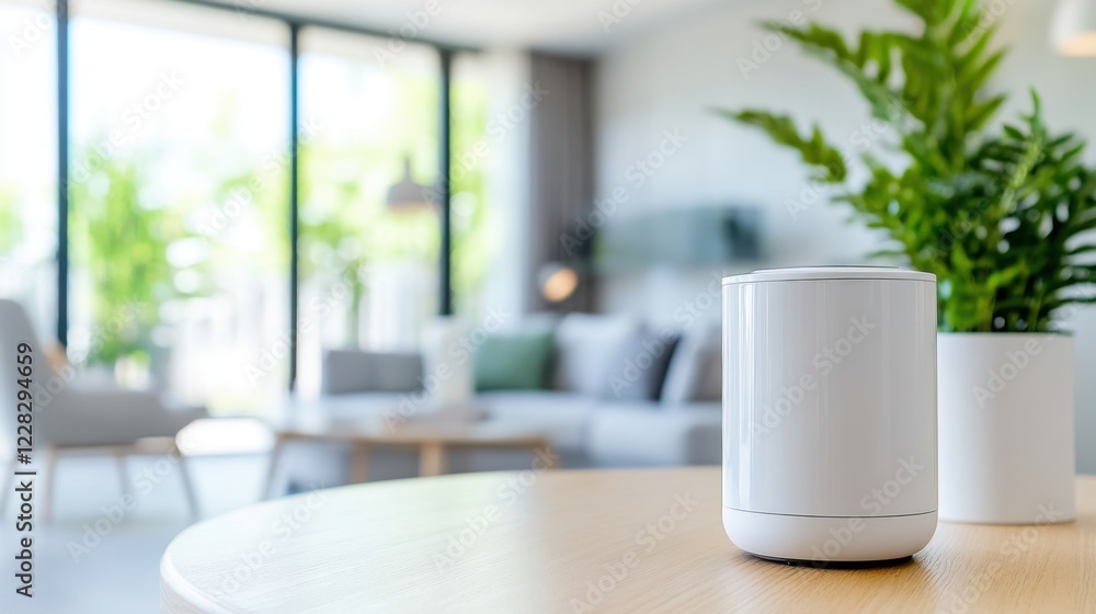 Obraz premium Modern smart home device on wooden table in bright and stylish living room with greenery and natural light