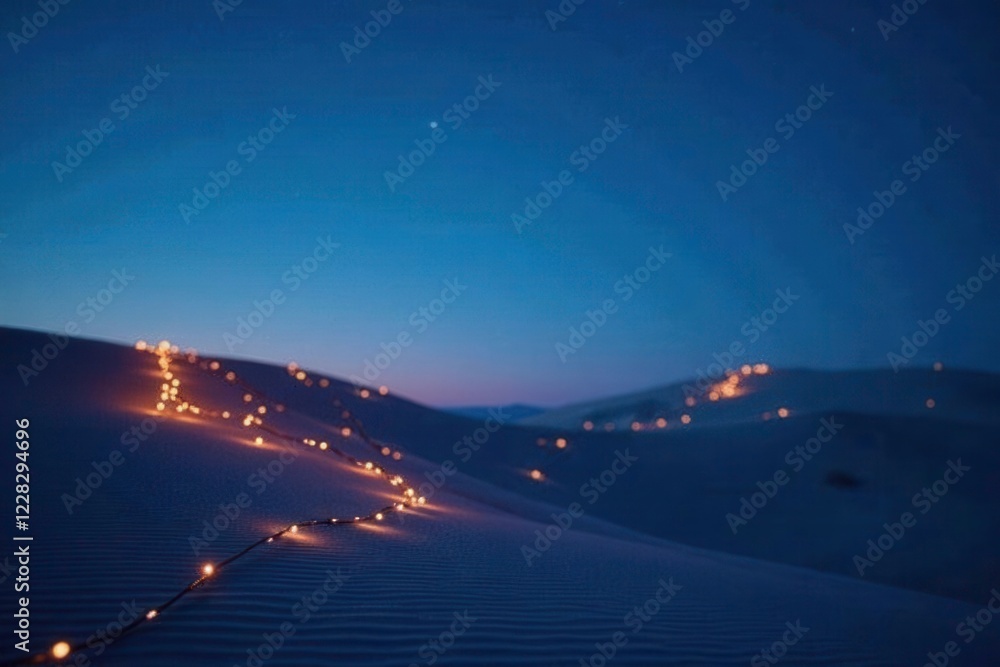 Softly glowing string lights against a clear blue sky with silhouetted sand dunes, serenity, clear sky, desert dune Softly glowing string lights against a clear blue sky with silhouetted sand dunes, serenity, clear sky, desert dune