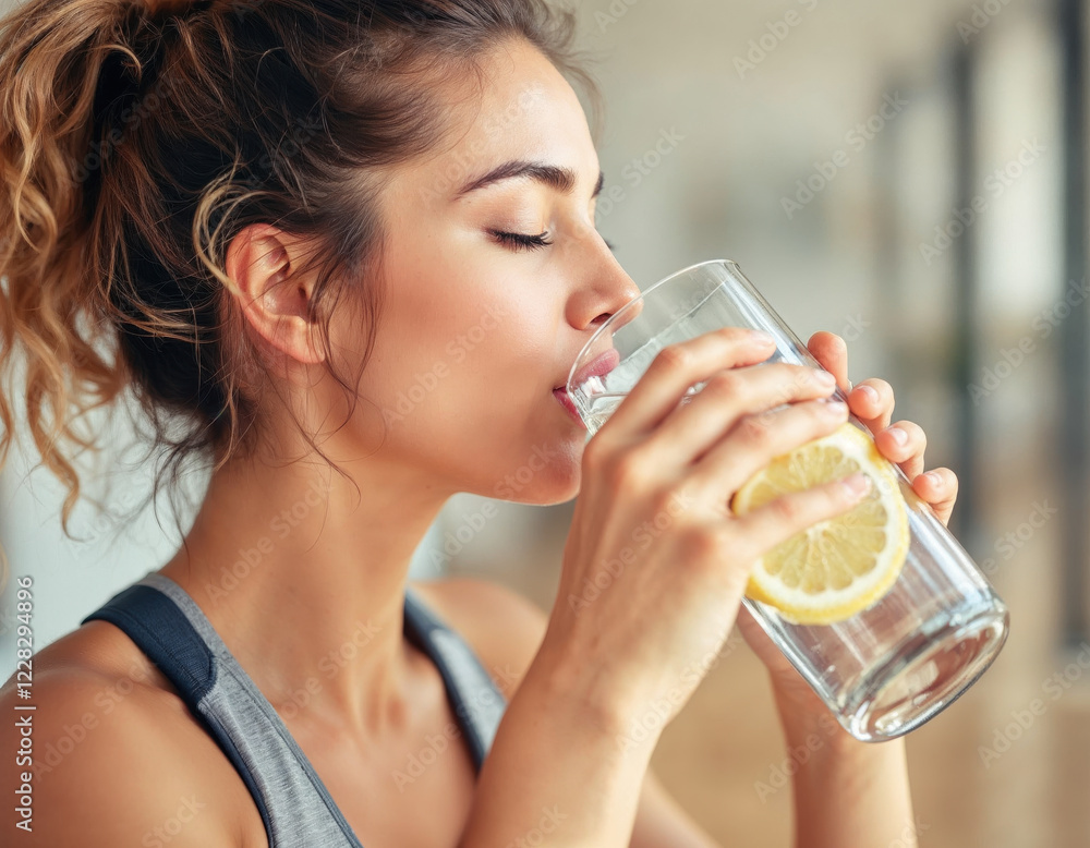 Drinking refreshing lemon water after an intense workout at a fitness center in the morning Drinking refreshing lemon water after an intense workout at a fitness center in the morning