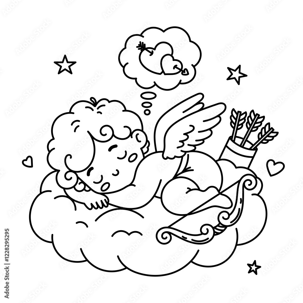 Vector illustration of adorable Cupid sleeping on a cloud, dreaming of love