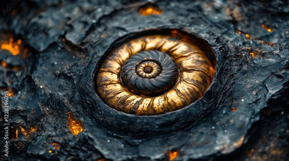 Intricate golden nautilus shell fossil natural environment captivating texture and detail