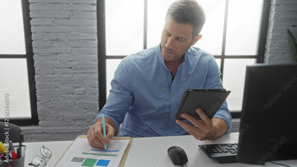 Handsome man working in modern office holding tablet and writing notes on paper with focus on professional business environment and contemporary interior design. Handsome man working in modern office holding tablet and writing notes on paper with focus on professional business environment and contemporary interior design.