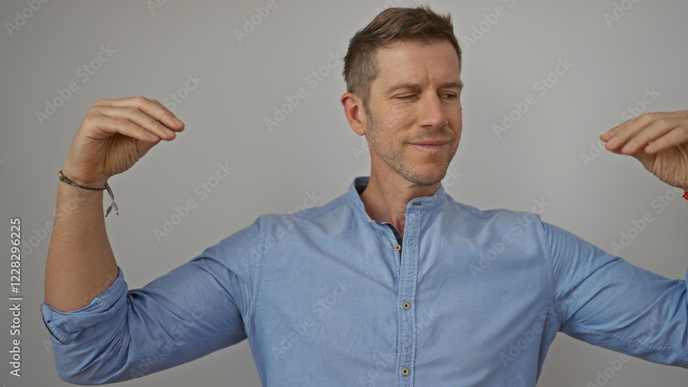 Young man smiling with arms raised against an isolated white background, showing a positive and confident expression, wearing a light blue shirt, conveying happiness and charisma. Young man smiling with arms raised against an isolated white background, showing a positive and confident expression, wearing a light blue shirt, conveying happiness and charisma.