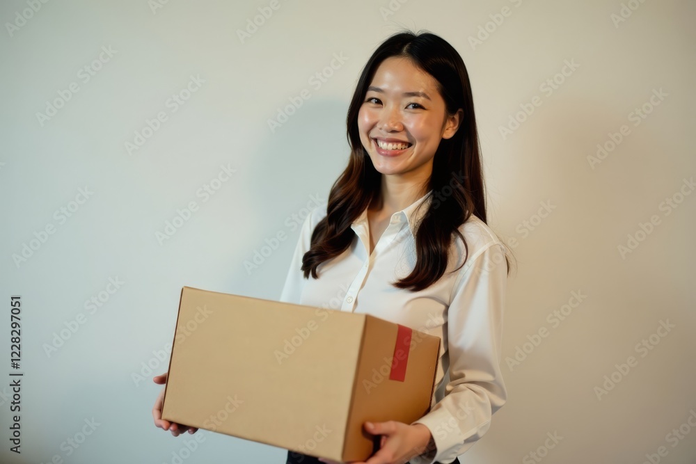 Asian woman holding a parcel box with online marketing materials , online marketing packaging delivery concept freelance business startup, business services, package shipping Asian woman holding a parcel box with online marketing materials , online marketing packaging delivery concept freelance business startup, business services, package shipping