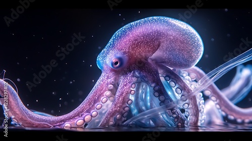 Glowing octopus in dark water, abstract background, digital art, science fiction photo