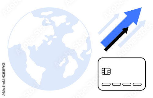 World map with arrows indicating upward movement beside a credit card. Ideal for finance, global business, economic growth, online transactions, e-commerce, payment systems, credit management. Line