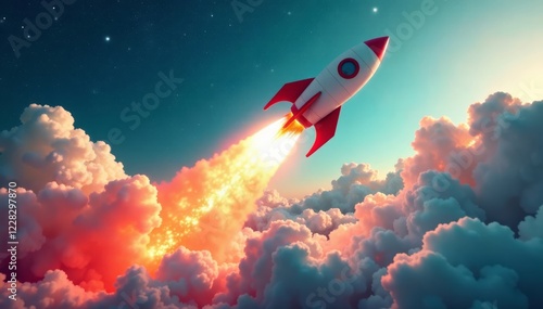 Bold rocket blasting towards a wispy cloud layer, clouds, motion, propulsion