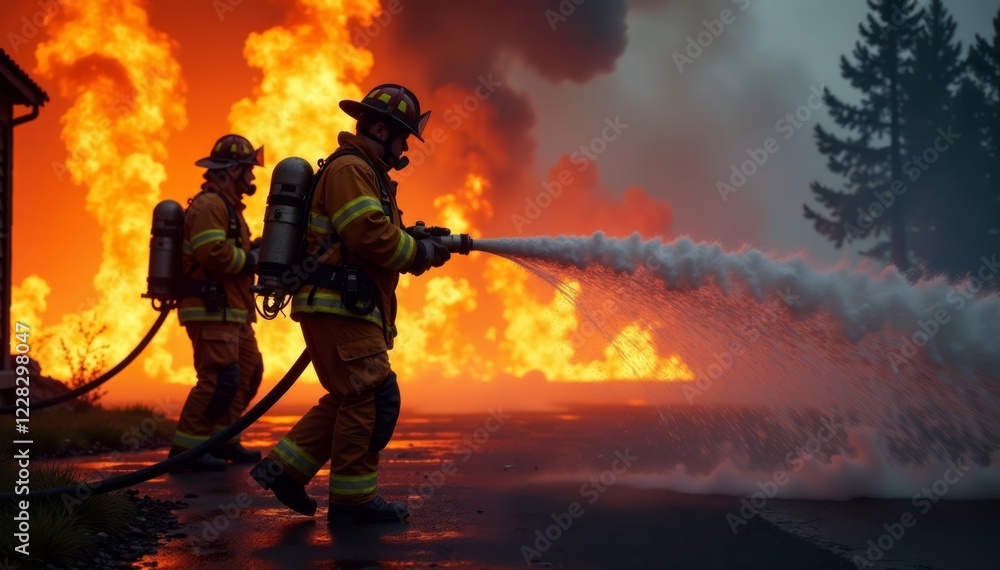 Brave firefighters in dark uniforms, battling intense blaze with water cannons, burning building, night rescue mission , firefighting equipment Brave firefighters in dark uniforms, battling intense blaze with water cannons, burning building, night rescue mission , firefighting equipment