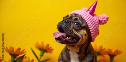 Brindle French Bulldog with pink unicorn hat, closed eyes and tongue out on bright yellow flower background, lilac brindle, french bulldog, yellow flowers photo