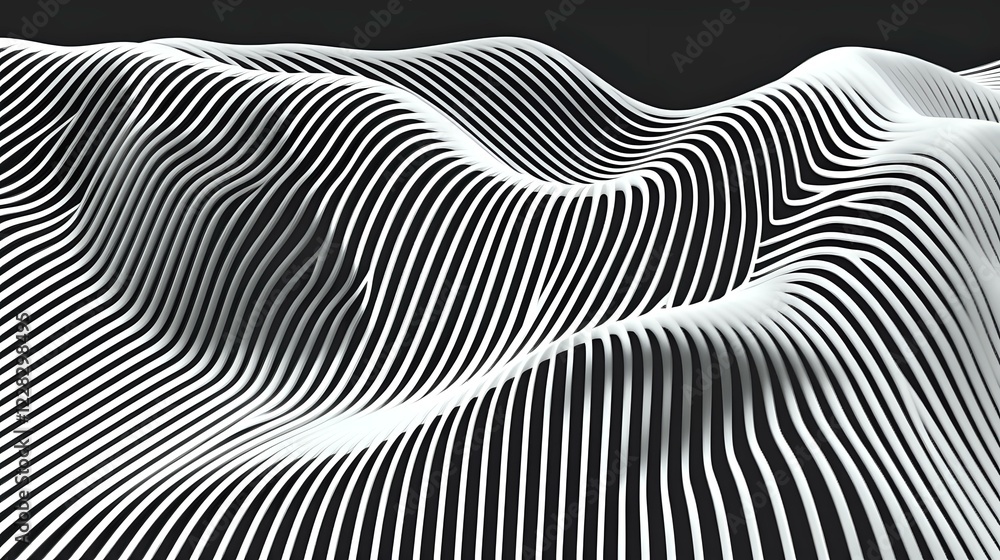 Abstract black and white wavy lines creating dynamic optical illusion pattern with flowing curves and undulating stripes on dark background for modern design projects. Abstract black and white wavy lines creating dynamic optical illusion pattern with flowing curves and undulating stripes on dark background for modern design projects.