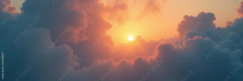 Softly glowing sun peeks through a gap in the clouds, warm glow, misty Softly glowing sun peeks through a gap in the clouds, warm glow, misty