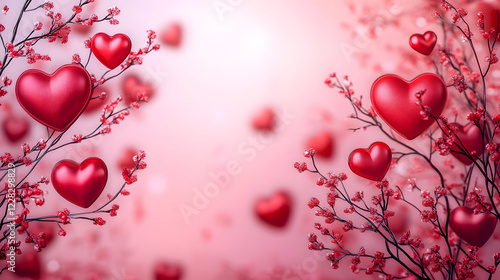 A pink background with red heart-shaped decorations, some on branches, some scattered, creating a romantic Valentine's Day theme
