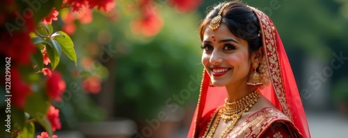 Beautiful Indian bride with bright smile in traditional wedding attire, happiness, beauty, traditional dress