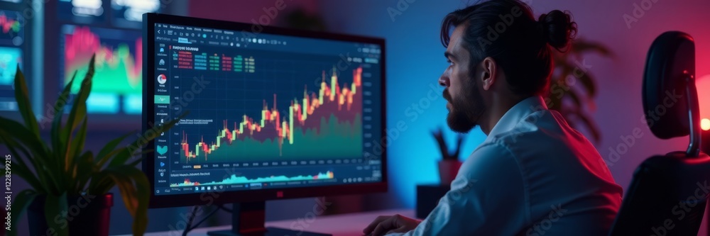 Analyst staring at desktop computer with graph on screen , computers, office, analyst Analyst staring at desktop computer with graph on screen , computers, office, analyst