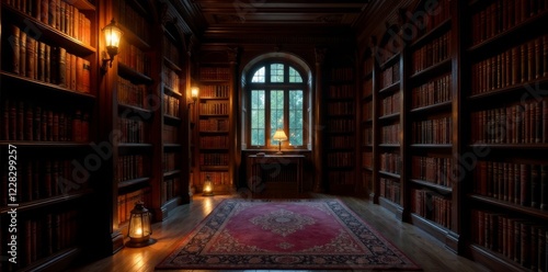 Bookshelves line the room with leather-bound tomes and glowing lanterns, ambient lighting, books, cozy corner