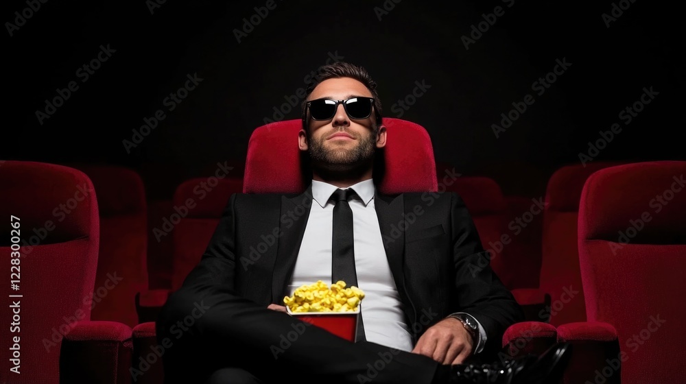 Confident young caucasian male in suit watching film, relaxed with popcorn in theater Confident young caucasian male in suit watching film, relaxed with popcorn in theater