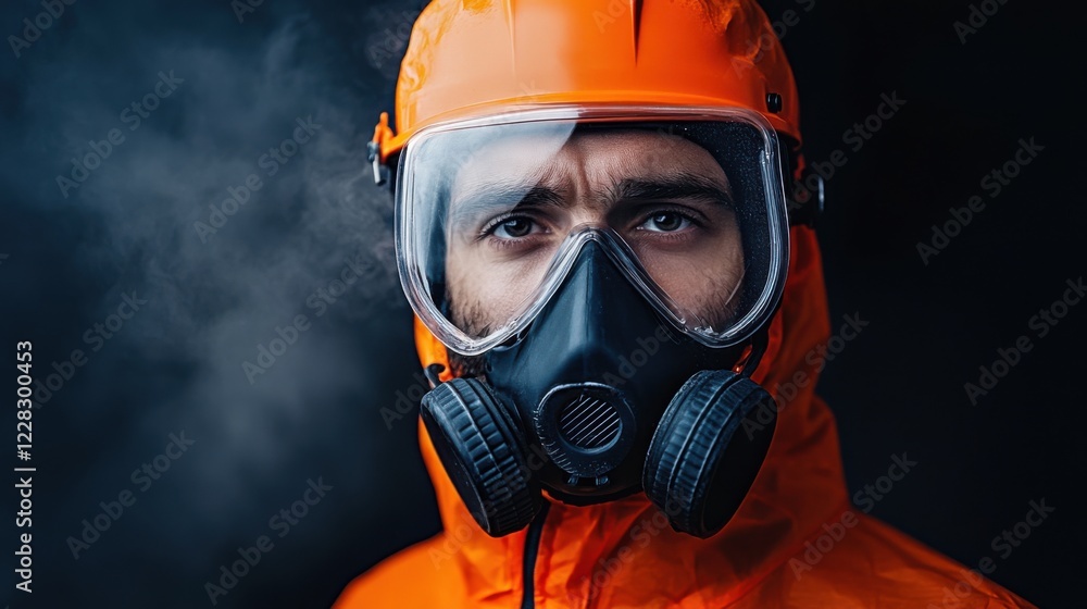 Portrait of a Man in Protective Gear with Mask and Orange Suit Against Dark Background Portrait of a Man in Protective Gear with Mask and Orange Suit Against Dark Background