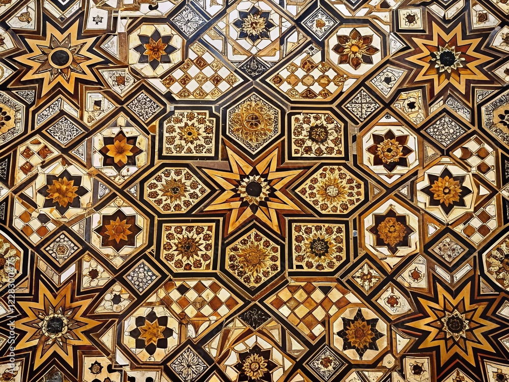 Panoramic View of Intricate Brown and Black Tile Pattern Floor Panoramic View of Intricate Brown and Black Tile Pattern Floor