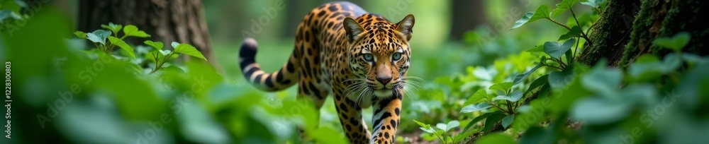 Obraz premium Agile amur leopard stalks prey through dense forest foliage, stealth, amur leopard, camouflage