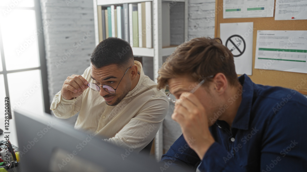 Men, friends adjusting glasses while working together in a modern office, showcasing a casual and friendly workplace environment. Men, friends adjusting glasses while working together in a modern office, showcasing a casual and friendly workplace environment.