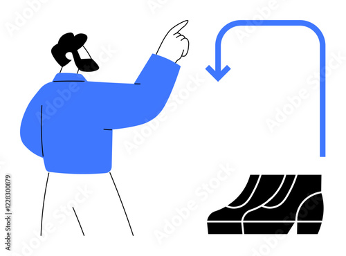 Man pointing upward at blue arrow looping downwards towards declining bar graph. Ideal for business analysis, performance review, market trends, decision making, strategy shifts, predictive analysis