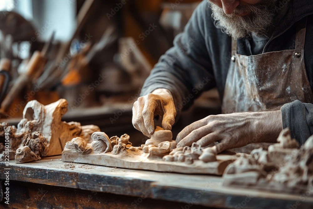 A skilled artisan meticulously crafts intricate details on a clay sculpture, showcasing his expertise and dedication to his craft. A skilled artisan meticulously crafts intricate details on a clay sculpture, showcasing his expertise and dedication to his craft.