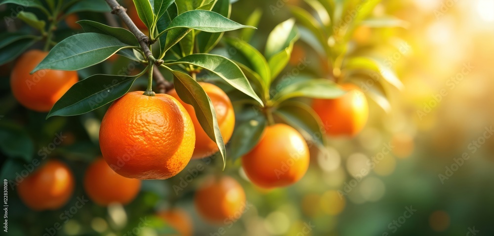 Ripe oranges hang on orange tree branches in an orange garden. Sunlight shines on the fresh fruits. A blurry background shows other citrus trees and leaves. A beautiful image of nature and harvest. Ripe oranges hang on orange tree branches in an orange garden. Sunlight shines on the fresh fruits. A blurry background shows other citrus trees and leaves. A beautiful image of nature and harvest.