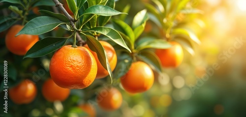Ripe oranges hang on orange tree branches in an orange garden. Sunlight shines on the fresh fruits. A blurry background shows other citrus trees and leaves. A beautiful image of nature and harvest.