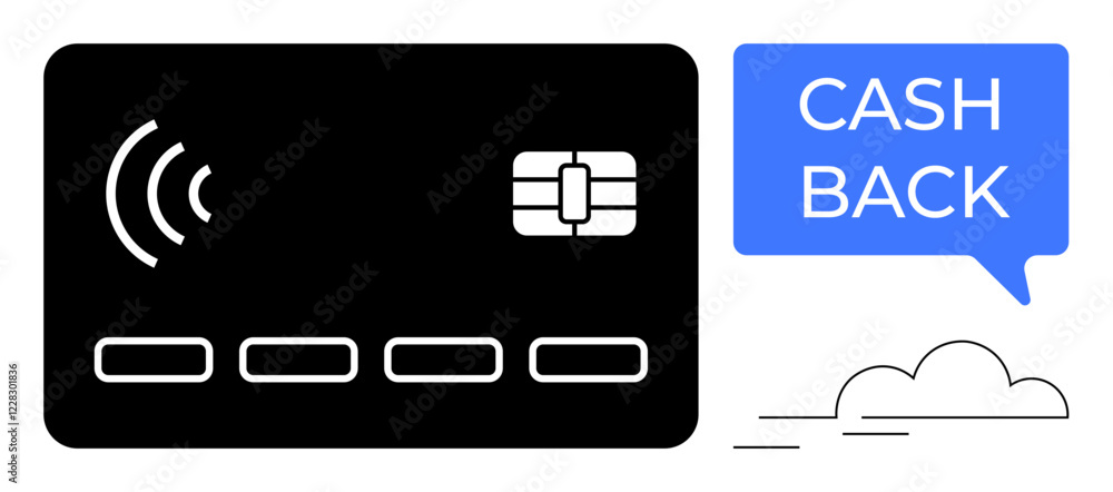RFID credit card with a chip, speech bubble with Cash Back, and abstract cloud lines. Ideal for finance apps, cashback offers, digital transactions, banking promotions, contactless payments, rewards