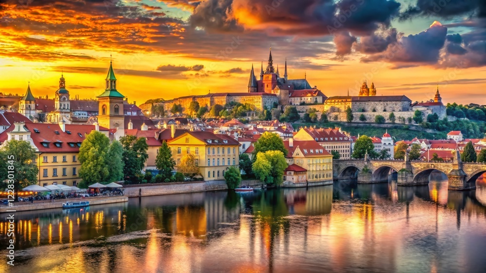 Fototapeta premium Panoramic View of Prague, Czech Republic: Charming Cityscape at Golden Hour