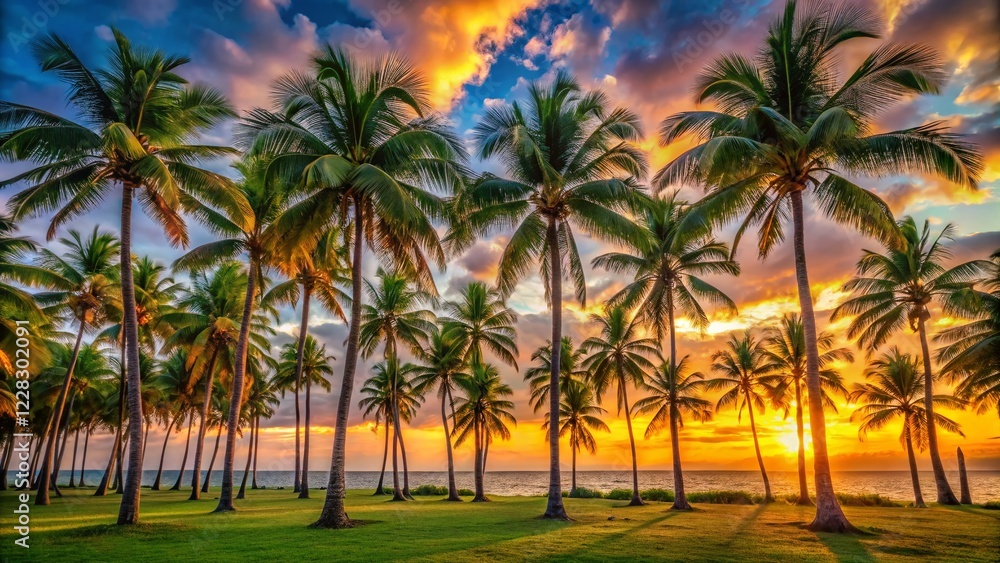 Panoramic View of Repeating Palm Tree Pattern on Tropical Beach Panoramic View of Repeating Palm Tree Pattern on Tropical Beach