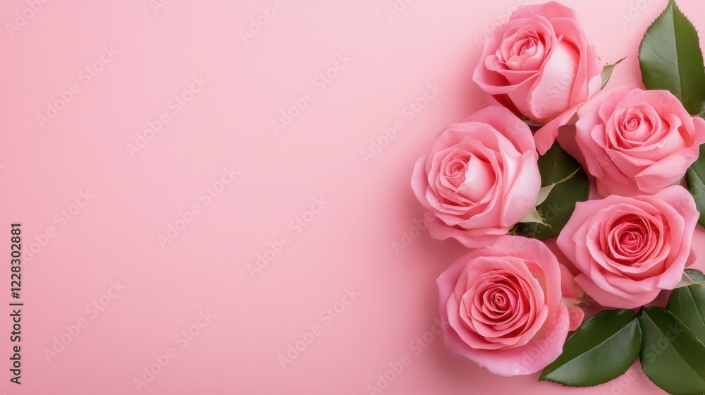 Fresh Pink Roses on Soft Pink Background with Green Leaves for Elegant Floral Design and Decoration Fresh Pink Roses on Soft Pink Background with Green Leaves for Elegant Floral Design and Decoration