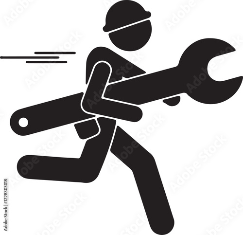 The illustration of a stickman running quickly while carrying repair tools