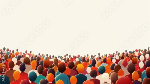 A diverse crowd stands in unison against a bright white backdrop, capturing the essence of unity and anonymity.