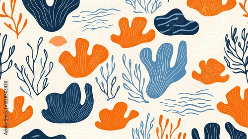 Dive into vibrant underwater scenes with this seamless coral pattern, featuring handdrawn designs in stunning blue and orange hues. photo