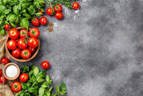 Vibrant Summer Tomatoes and Basil, Fresh Ingredients for Italian Cooking with Copy Space photo