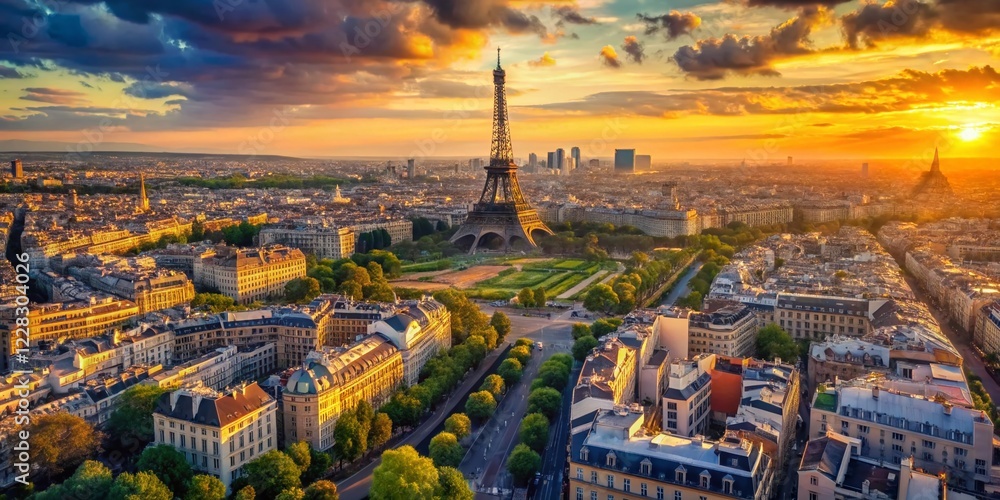 Obraz premium Parisian Landscape Panorama: Aerial View of City Map, Smooth Slider Shot