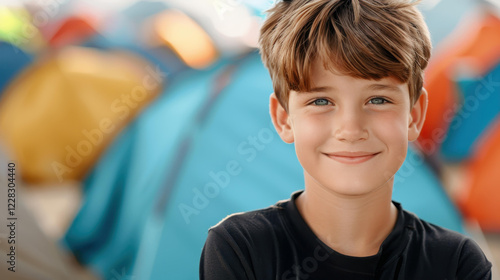 A young boy in a plain black tshirt enjoys his time camping, surrounded by colorful tents and natures beauty. photo