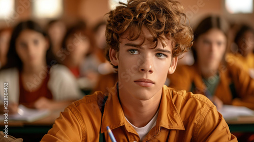 A focused young male student diligently takes an exam at his school desk, showcasing determination and concentration. photo