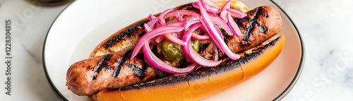 Charred hot dog sausage paired with a tangy pickled red onion topping photo