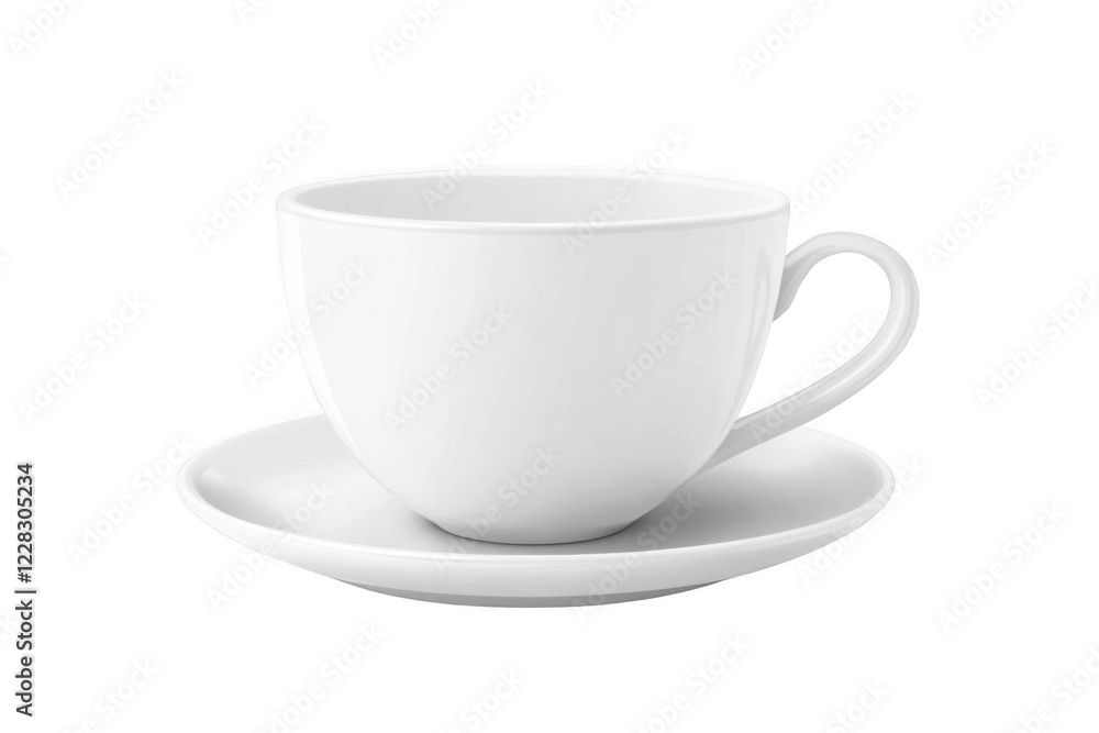 White Coffee Cup Sits on Matching Saucer, Kitchen Essentials, Morning Beverages. White Coffee Cup Sits on Matching Saucer, Kitchen Essentials, Morning Beverages.