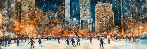 Ice skating rink with New York City skyline with skyscrapers.