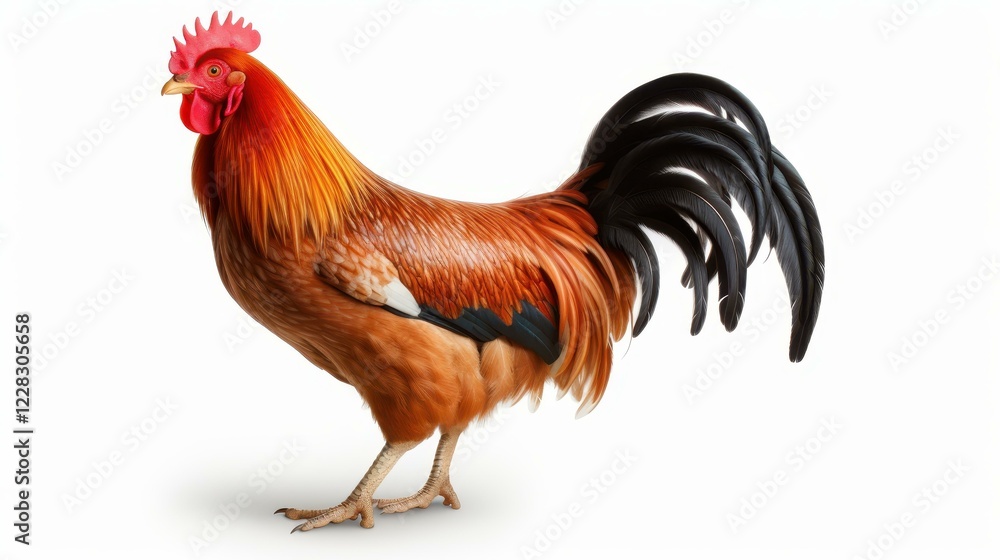 A vibrant rooster stands alone against a crisp white background, showcasing its colorful feathers and proud stance. A vibrant rooster stands alone against a crisp white background, showcasing its colorful feathers and proud stance.