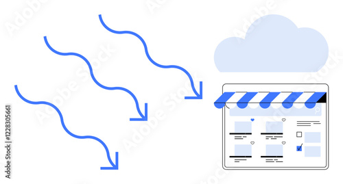 Cloud icon above online storefront with a striped awning, blue wave-thumbs up lines and arrows depicting cloud computing flow. Ideal for ecommerce, cloud storage, tech solutions, digital