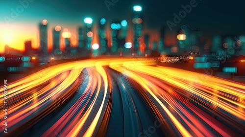 Capture the energy of the city with stunning light trails contrasting against sleek modern architecture. A digital motion blur creates depth.